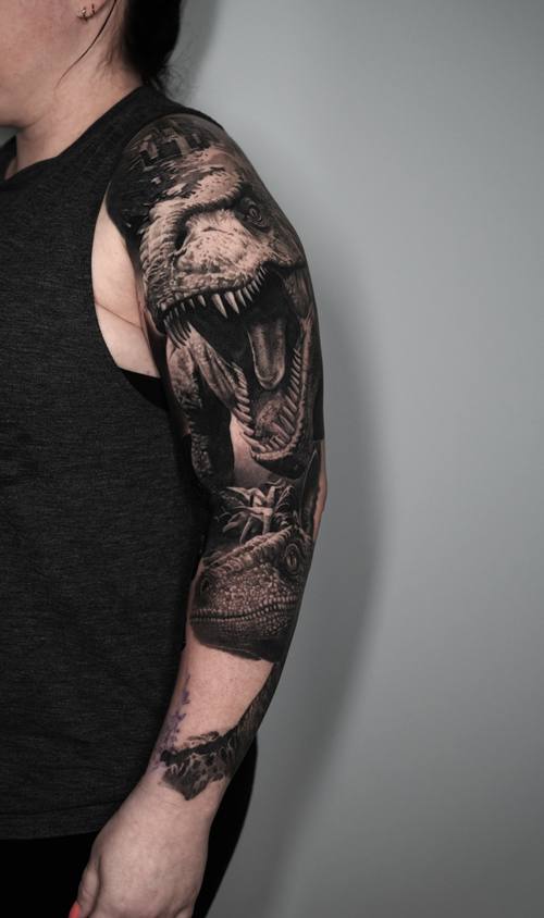 Tyrannosaurus rex and jungle, black and grey full sleeve