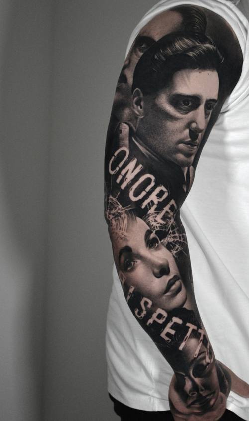Man's portrait with ONORE and RISPETTO lettering, black and grey sleeve
