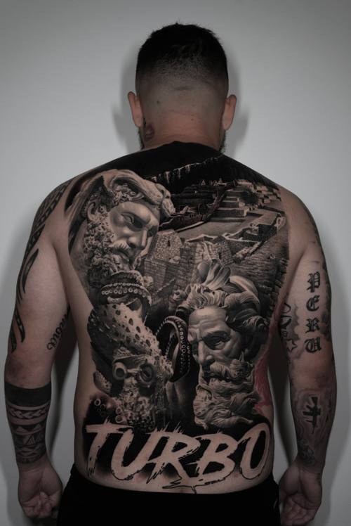 Classical statues and cityscape with TURBO lettering, black and grey full back tattoo