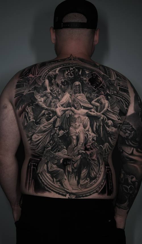 Baroque religious scene with angels, black and grey full back tattoo