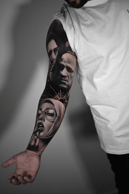 Three family portraits, black and grey realism forearm tattoo