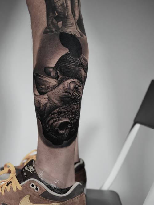 Rhinoceros head, black and grey realism shin tattoo