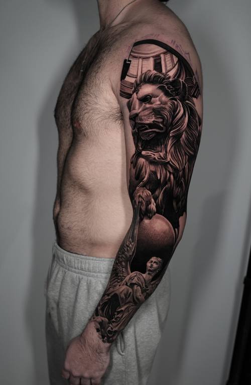 Lion statue and architecture, black and grey full sleeve