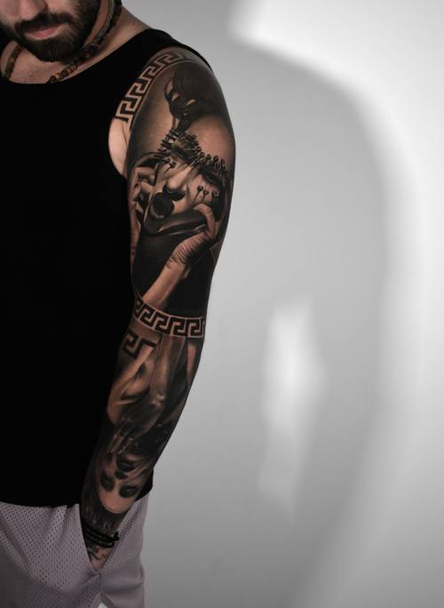 Classical statue with Greek key border, black and grey full sleeve