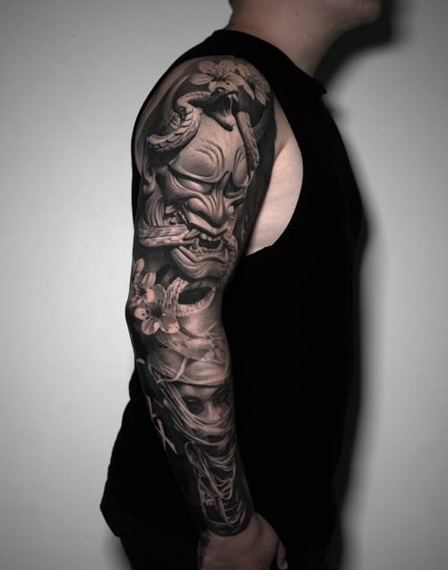 Hannya mask with flowers, black and grey full sleeve
