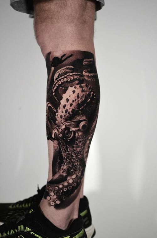 Octopus, black and grey realism leg tattoo