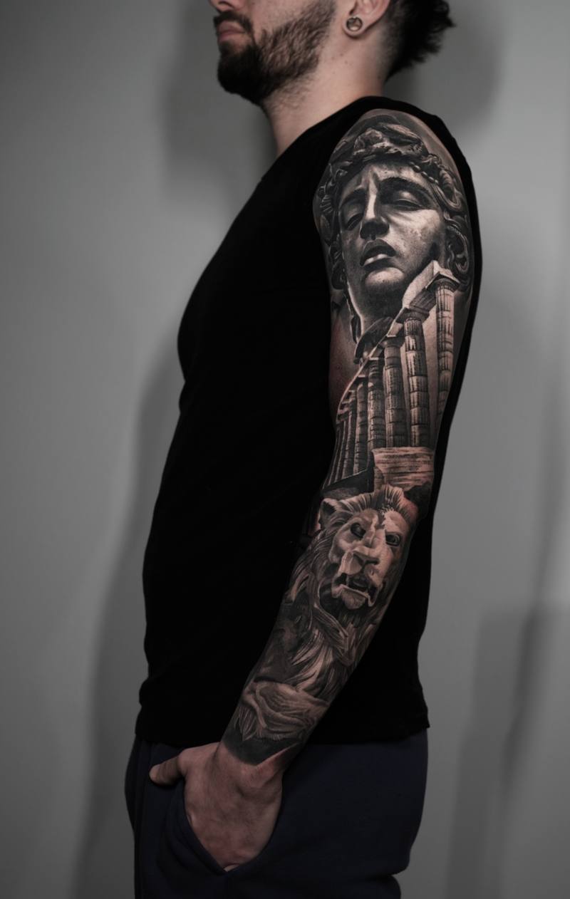 Classical statue and columns, black and grey full sleeve