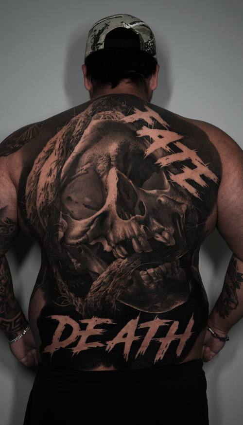 Skull with FATE and DEATH lettering, black and grey full back tattoo