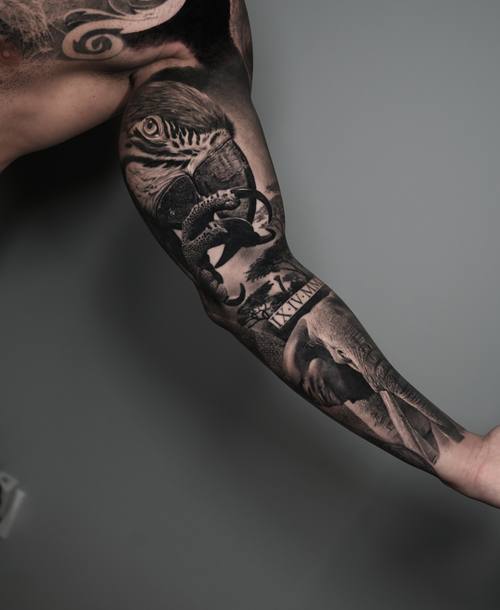 Elephant and eagle with lettering, black and grey full sleeve