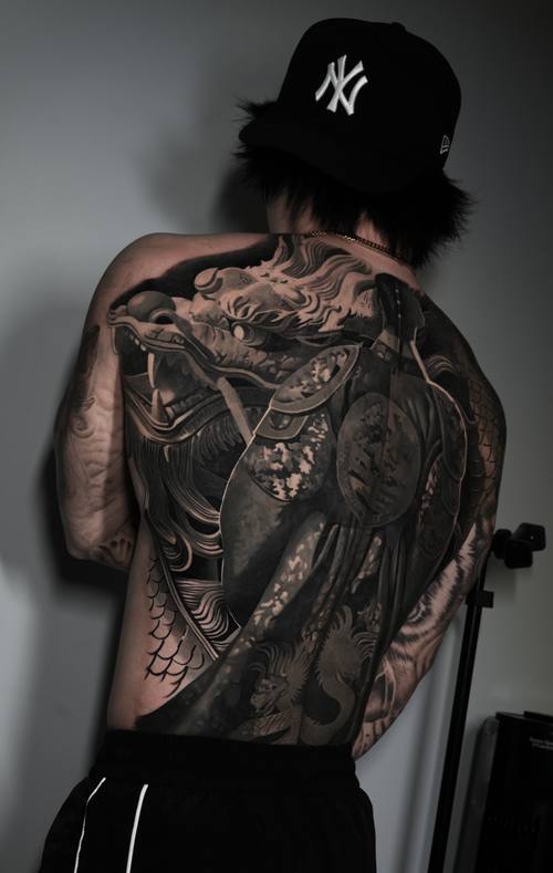 Japanese dragon and samurai armour, black and grey full back tattoo