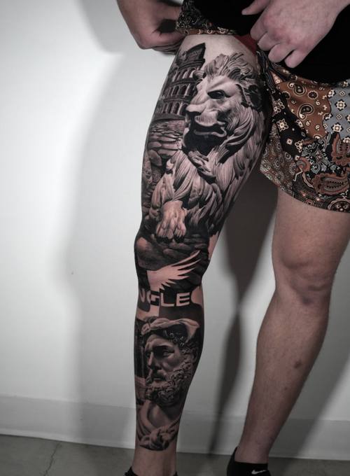 Lion and classical statues, black and grey leg sleeve