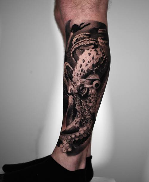 Octopus and marble face, black and grey calf tattoo