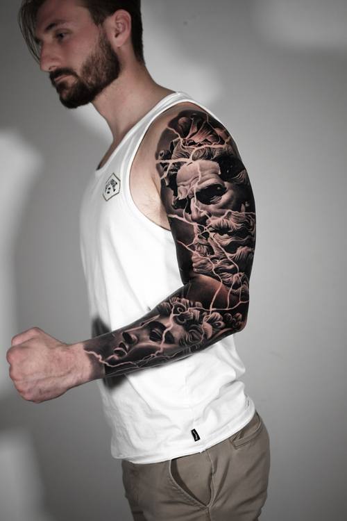 Skulls, black and grey full sleeve, front view