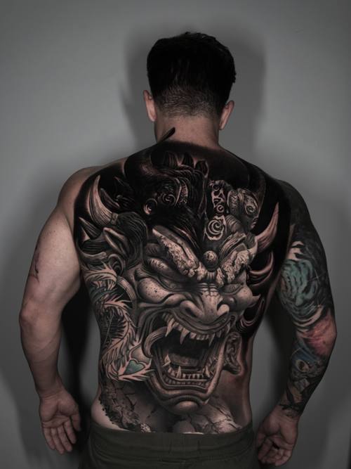 Hannya demon mask, black and grey full back tattoo