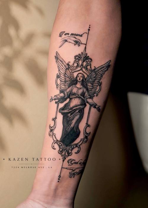 Winged figure with a banner, fine line forearm tattoo by Amina at KAZENTATTOO, Los Angeles