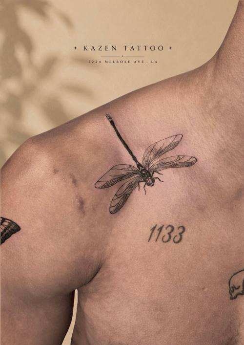 Dragonfly with numerals on the sternum, fine line tattoo by Amina at KAZENTATTOO, Los Angeles