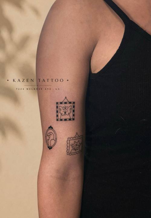 Small geometric squares on the upper arm, fine line tattoo by Amina at KAZENTATTOO, Los Angeles