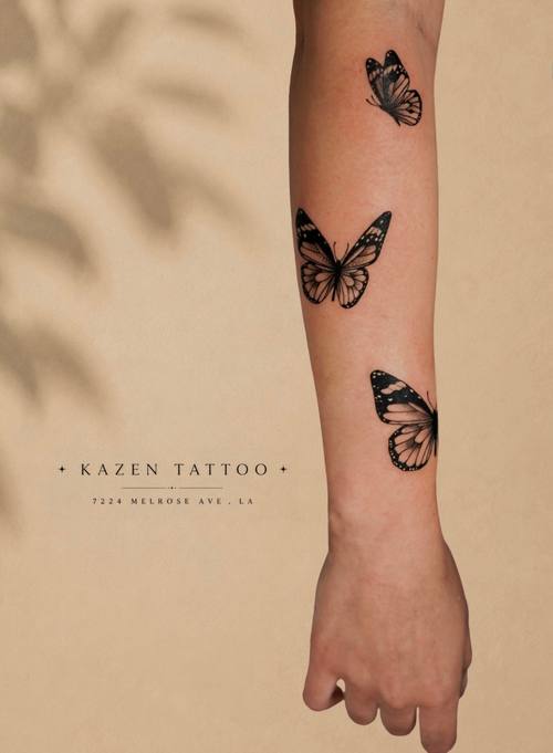 Butterfly and chameleon on the forearm, fine line tattoo by Amina at KAZENTATTOO, Los Angeles