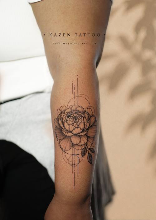 Rose with geometric lines on the inner arm, fine line tattoo by Amina at KAZENTATTOO, Los Angeles