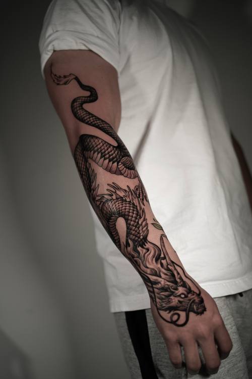 Snake full sleeve, black and grey tattoo by Amina at KAZENTATTOO, Los Angeles