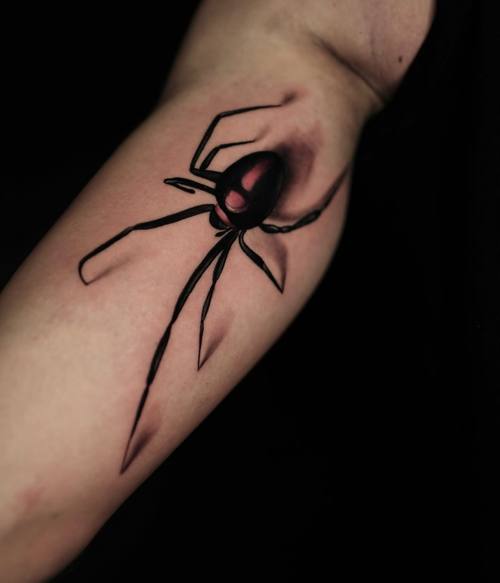 Spider on the inner arm, black and grey tattoo by Amina at KAZENTATTOO, Los Angeles