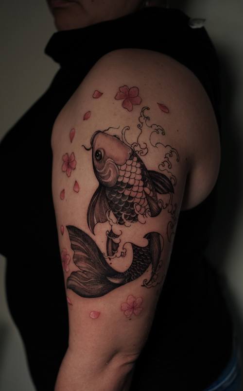 Whale with flowers on the shoulder, fine line tattoo by Amina at KAZENTATTOO, Los Angeles