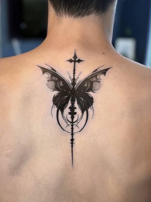 Butterfly with a sword on the upper back, black and grey tattoo by Amina at KAZENTATTOO, Los Angeles