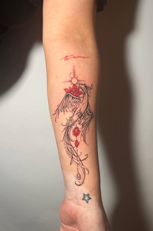 Red and black botanical on the forearm by Amina at KAZENTATTOO, Los Angeles, second view