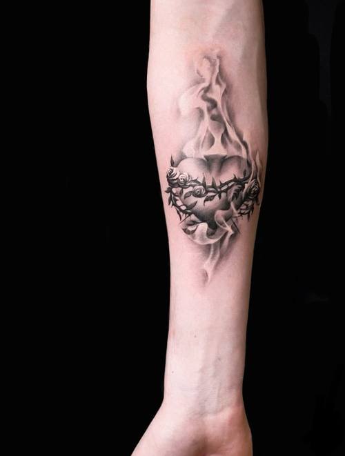 Botanical ornament along the forearm, fine line tattoo by Amina at KAZENTATTOO, Los Angeles