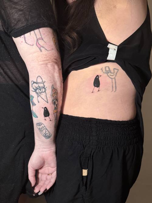 Small pieces across the torso, fine line tattoos by Amina at KAZENTATTOO, Los Angeles