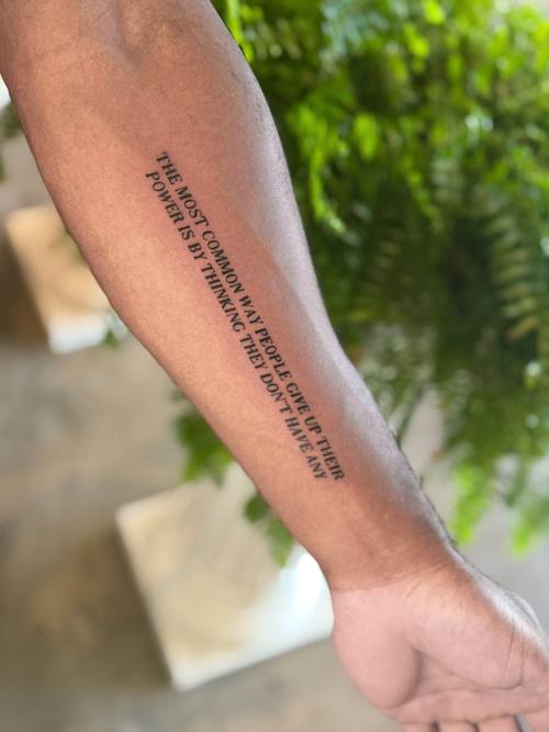 Line of script on the forearm, fine line tattoo by Amina at KAZENTATTOO, Los Angeles