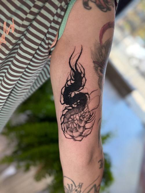 Koi dragon on the forearm, fine line tattoo by Amina at KAZENTATTOO, Los Angeles