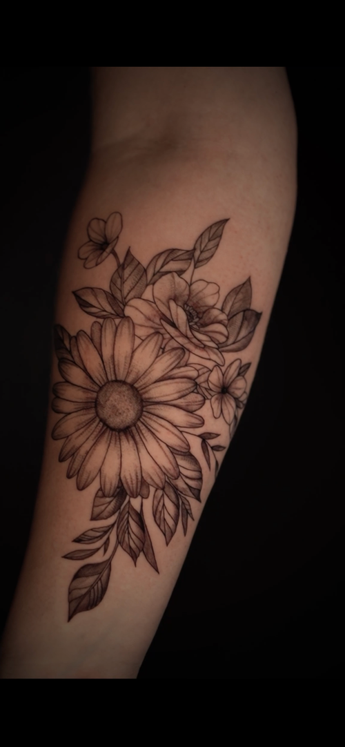 Sunflower on the forearm, fine line tattoo by Amina at KAZENTATTOO, Los Angeles