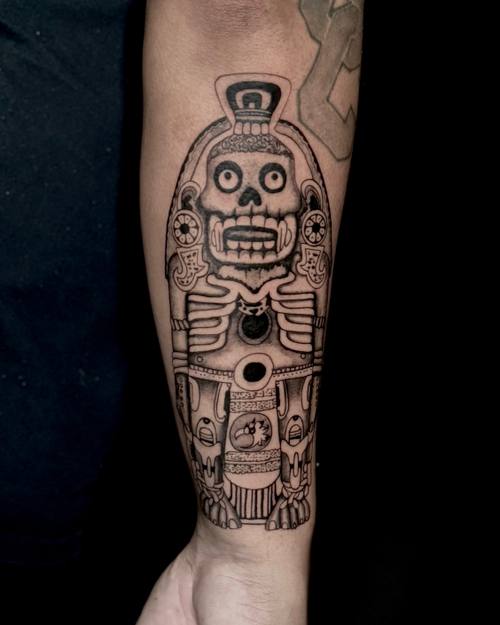 Carved stele with a skull on the calf, black and grey tattoo by Amina at KAZENTATTOO, Los Angeles