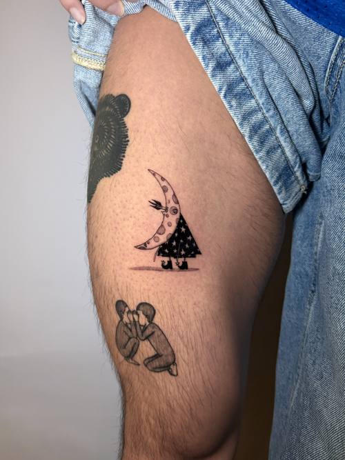Small figures on the thigh, fine line tattoo by Amina at KAZENTATTOO, Los Angeles