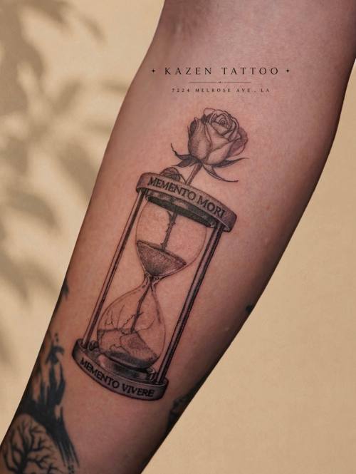 Hourglass with a rose, fine line forearm tattoo by Amina at KAZENTATTOO, Los Angeles