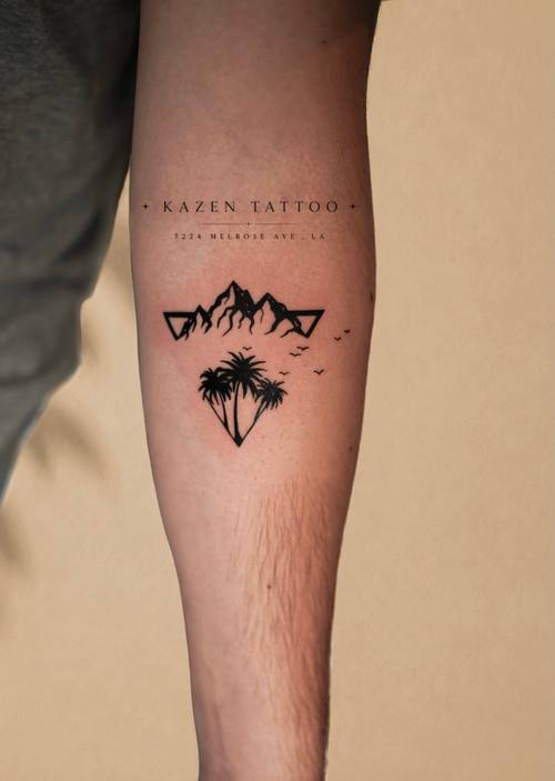 Mountain range with a tree, fine line shin tattoo by Amina at KAZENTATTOO, Los Angeles