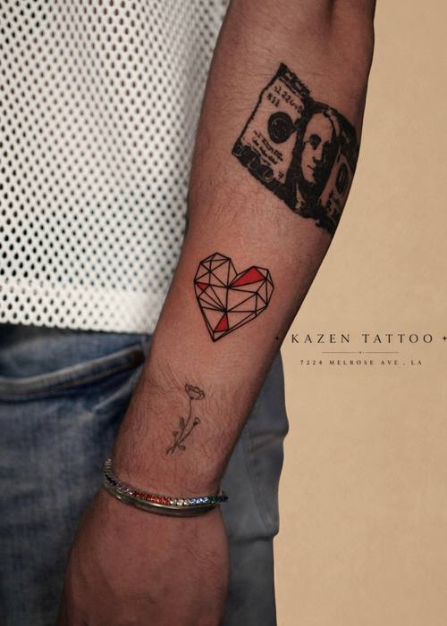 Playing cards and a heart, fine line forearm tattoo by Amina at KAZENTATTOO, Los Angeles