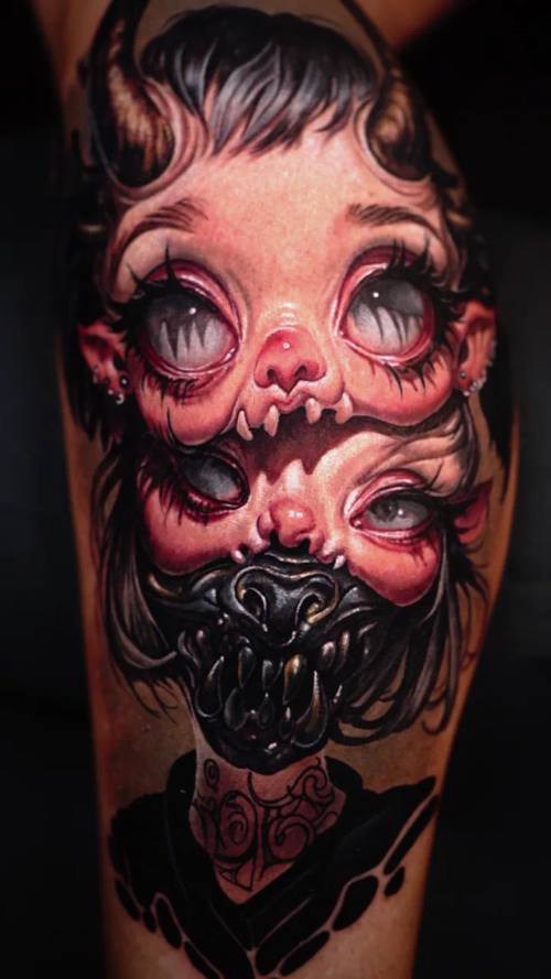 Wide-eyed cartoon monster girl, colour new school arm tattoo by Livio at KAZENTATTOO, Los Angeles