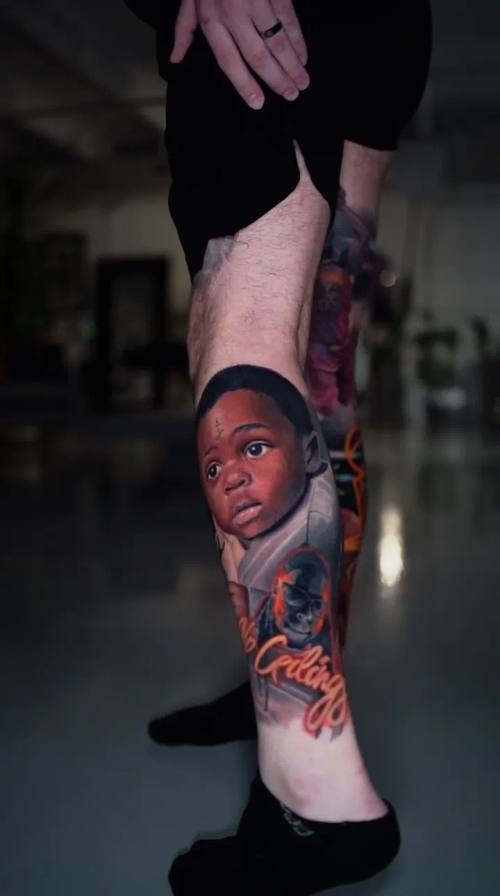 Child's portrait with colour comic characters, colour calf sleeve by Livio at KAZENTATTOO, Los Angeles