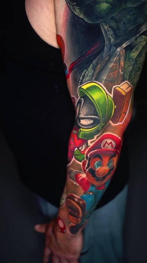 Colour cartoon characters sleeve by Livio at KAZENTATTOO, Los Angeles, second view