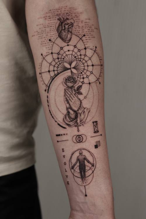 Anatomical heart inside a geometric mandala with an hourglass, fine line forearm tattoo by Marrie at KAZENTATTOO, Los Angeles