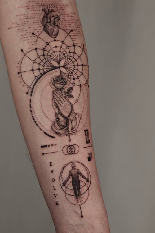 Heart and mandala with symbols and lettering, fine line forearm tattoo by Marrie at KAZENTATTOO, Los Angeles, second view