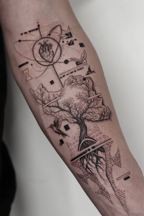 Tree with spreading roots over a landscape and geometry, fine line upper arm tattoo by Marrie at KAZENTATTOO, Los Angeles