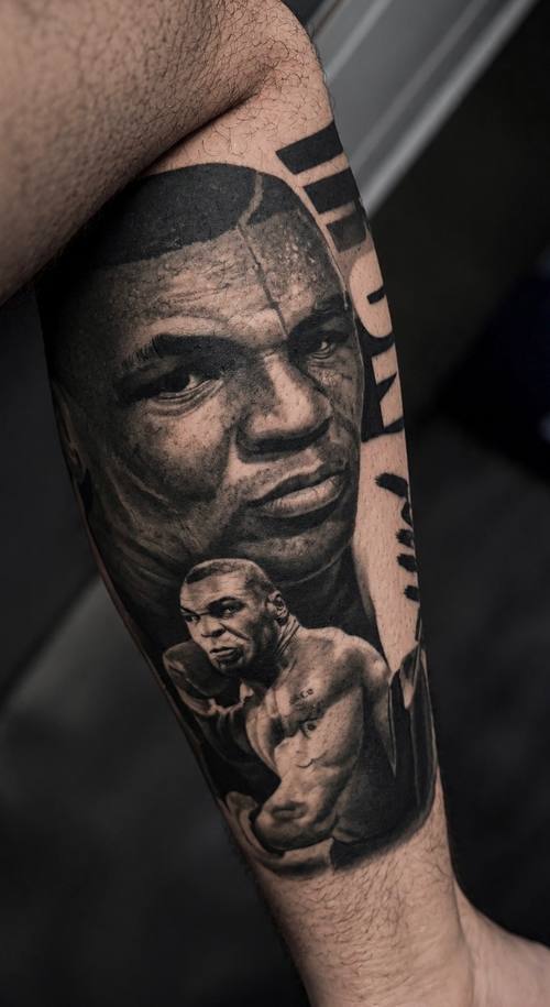 Boxer's portrait with a full figure below, black and grey realism forearm tattoo by Marko at KAZENTATTOO, Los Angeles