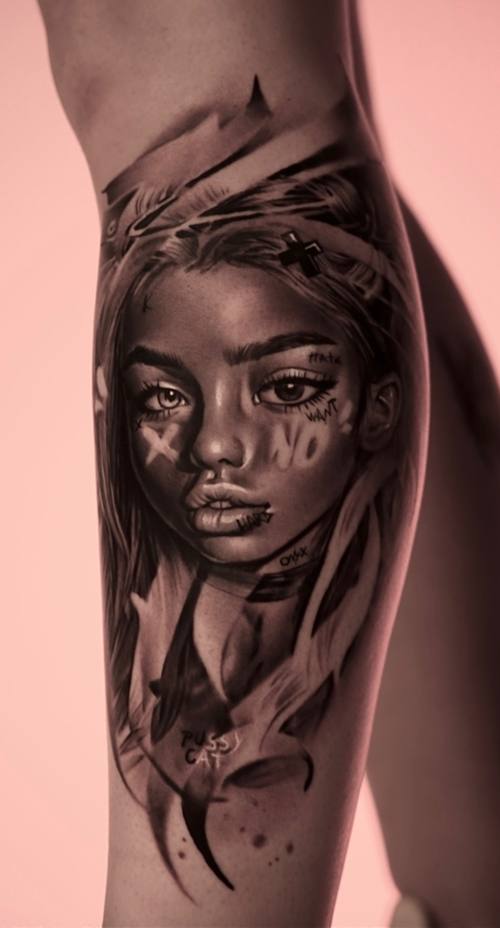 Woman's portrait with butterflies, black and grey realism upper arm tattoo by Marko at KAZENTATTOO, Los Angeles