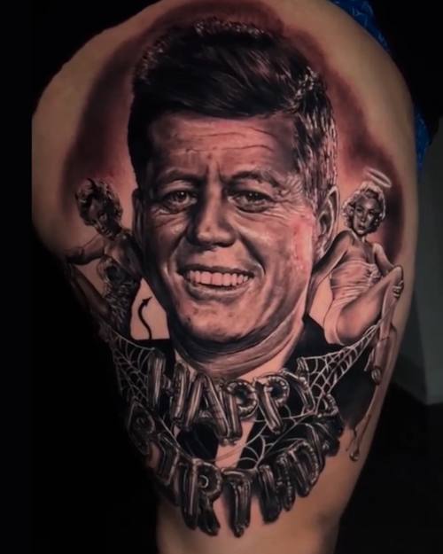 Smiling man's portrait with Happy Birthday lettering, black and grey arm tattoo by Nihat at KAZENTATTOO, Los Angeles
