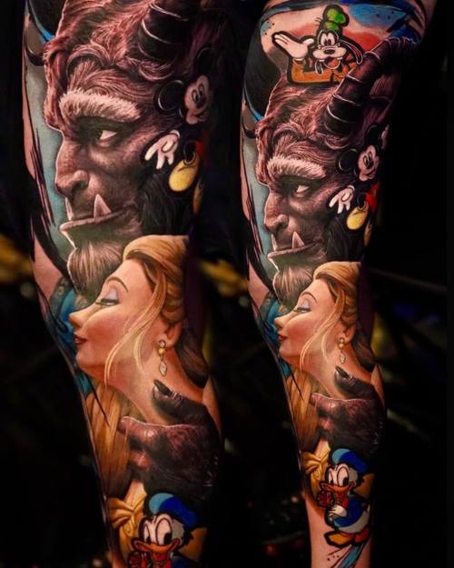 Cartoon characters sleeve in colour by Nihat at KAZENTATTOO, Los Angeles