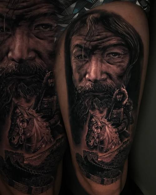 Bearded man's portrait with a sailing scene, black and grey realism arm tattoo by Nihat at KAZENTATTOO, Los Angeles