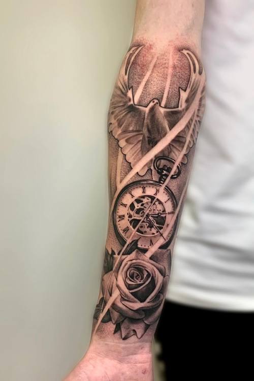Black and grey dove, pocket watch and rose on the forearm by Padre at KAZENTATTOO, Los Angeles